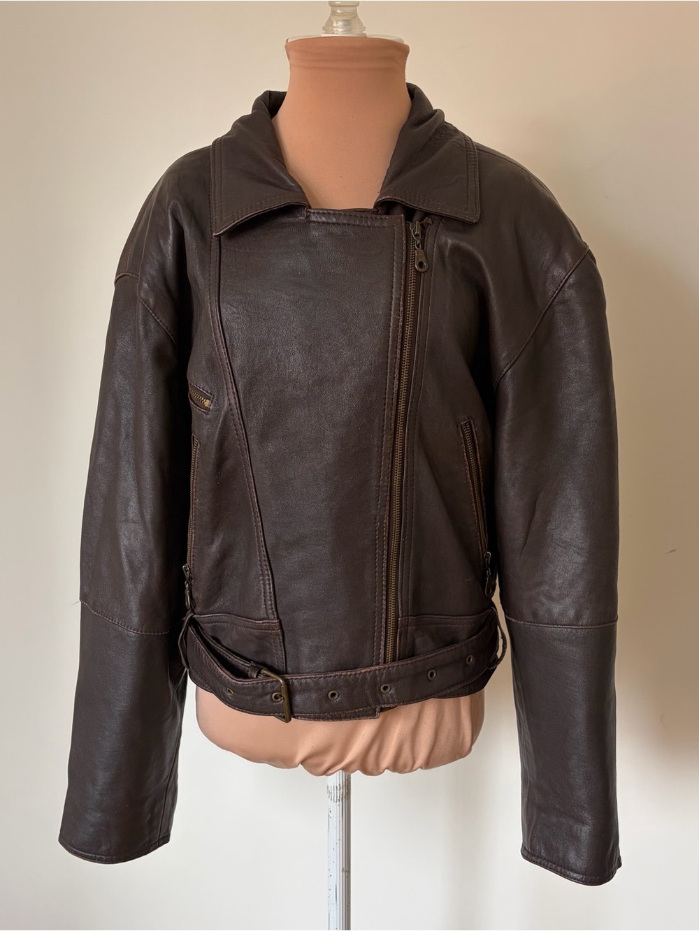 Marciano Denmark Y2K 90s Vintage Leather Belted Zip Up Brown Moto Biker Jacket L